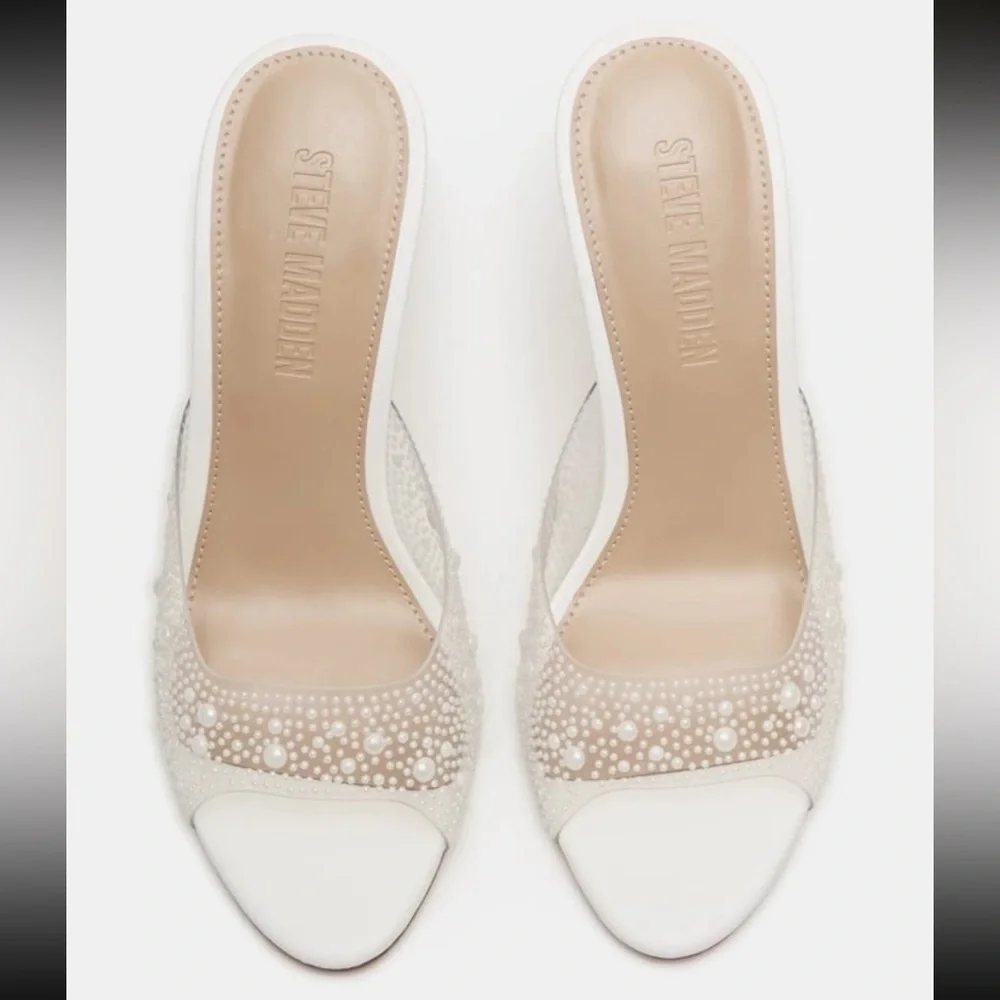 Steve Madden Peach PVC Open Toe White Pearl Embellished Heels
